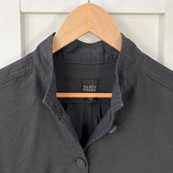 Eileen Fisher Womens Small Black Casual Button Down Shirt Top Linen Italian Yarn - Picture 2 of 12